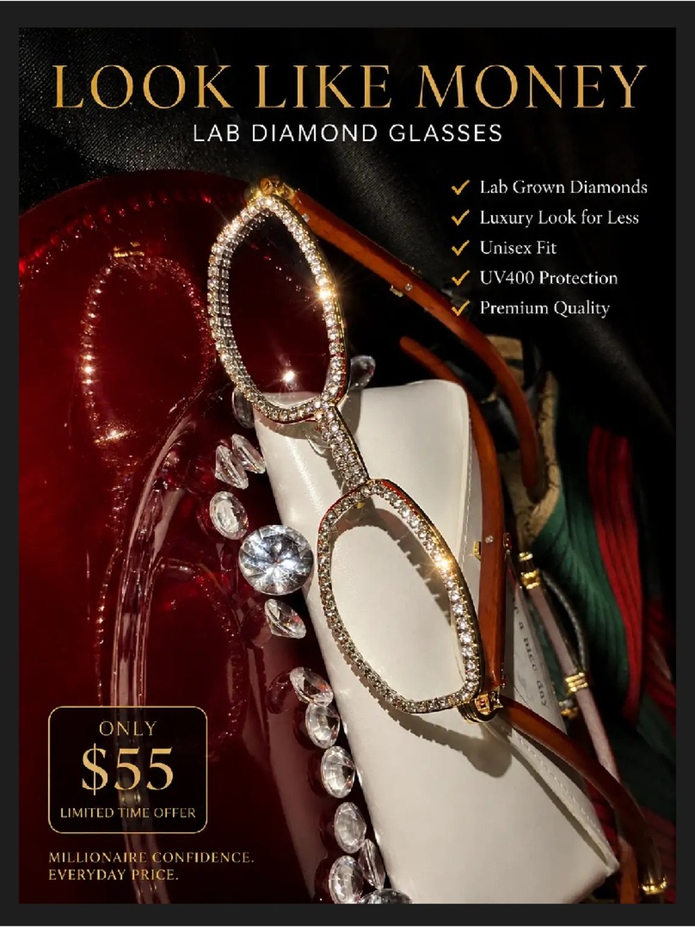 LOOK LIKE MONEY Lab Diamond Glasses - Gold Frame with Clear Stones